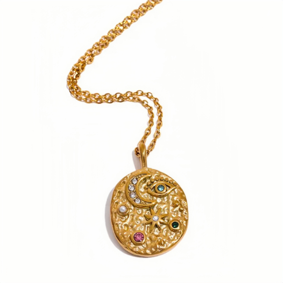 Stella Crystal Inlaid Gold Coin Pendant Necklace