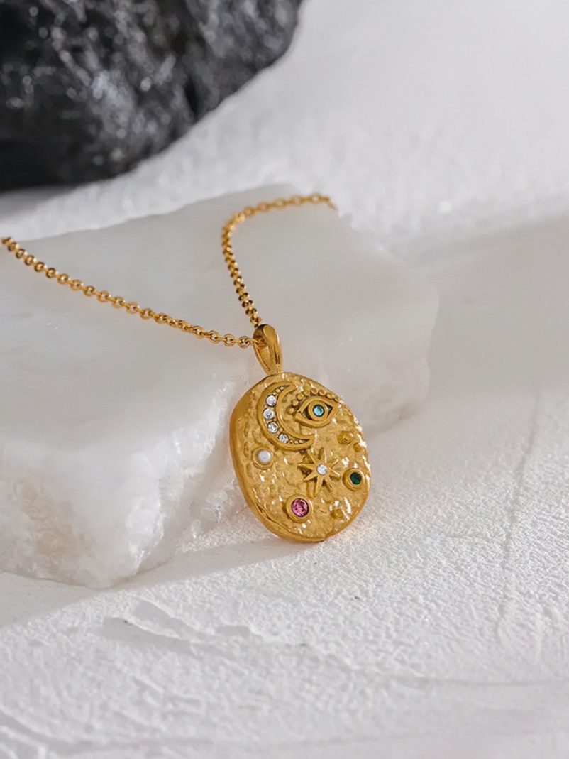 Stella Crystal Inlaid Gold Coin Pendant Necklace