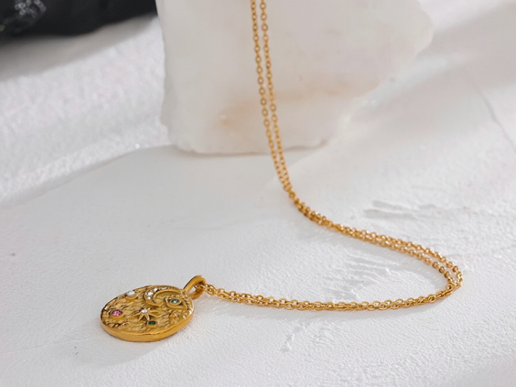 Stella Crystal Inlaid Gold Coin Pendant Necklace