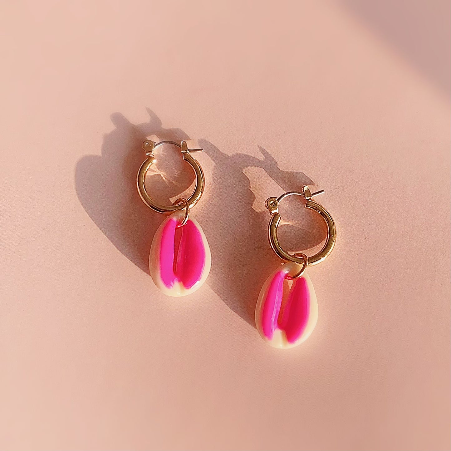 Small Huggie Earrings with Pink Shell Charm