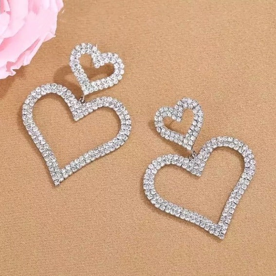 CZ Rhinestone Double Heart Love Earrings