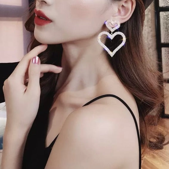 CZ Rhinestone Double Heart Love Earrings
