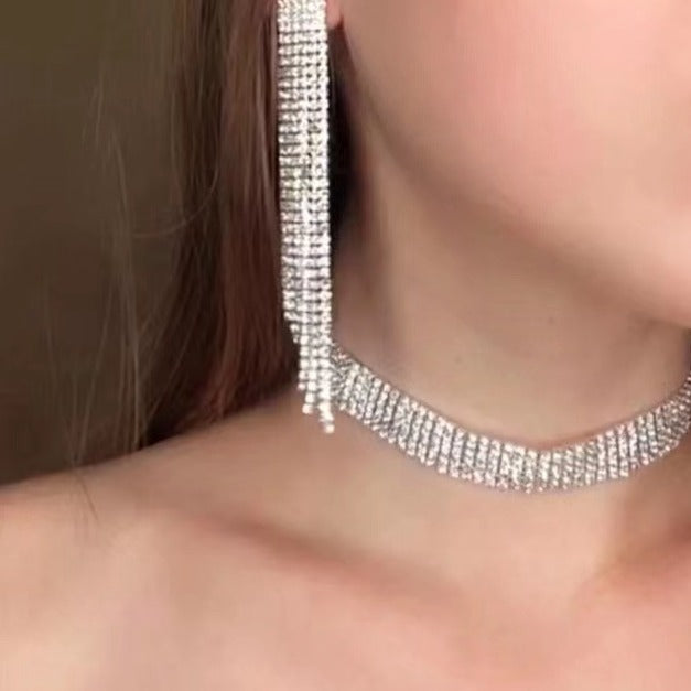 CZ Rhinestone Long Tassel Luxe Statement Earrings