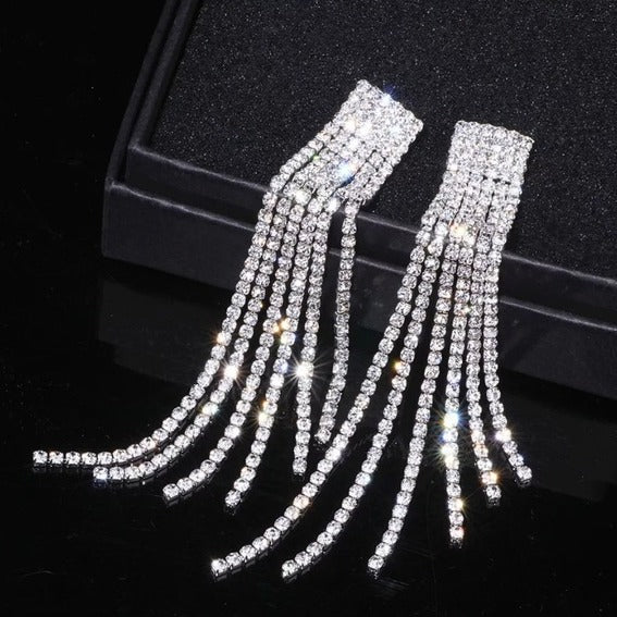 CZ Rhinestone Long Tassel Luxe Statement Earrings
