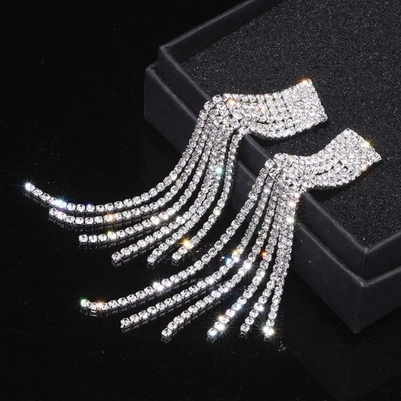CZ Rhinestone Long Tassel Luxe Statement Earrings