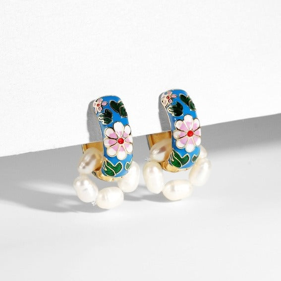Vintage Style Enamel Flower Huggie Earrings