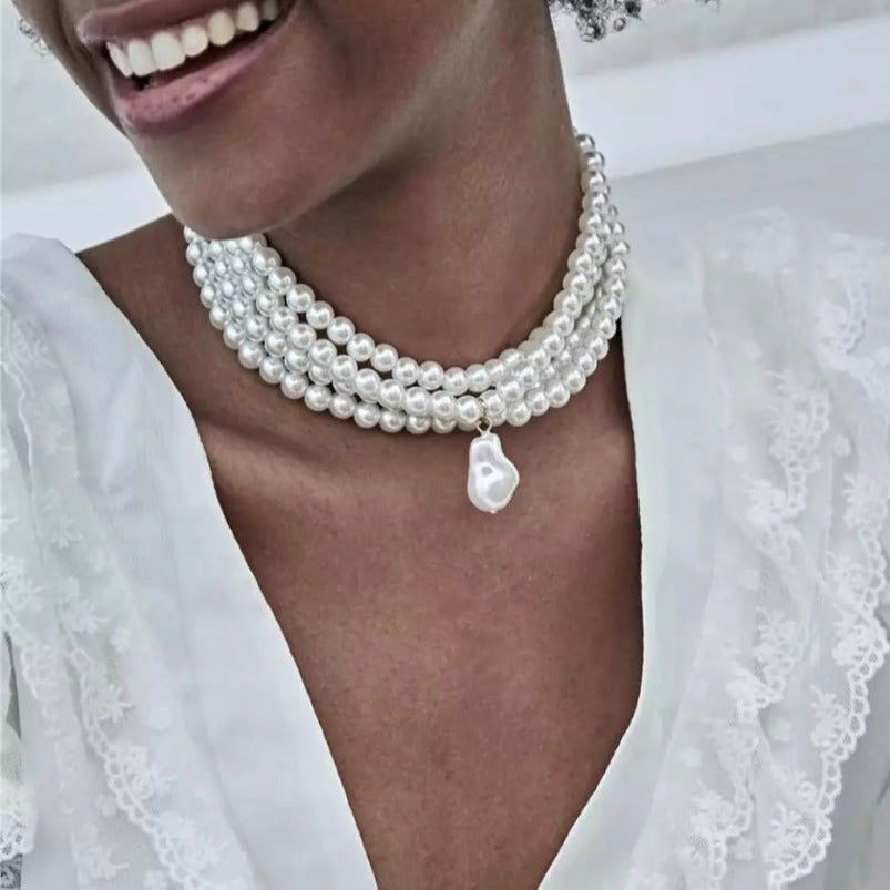 Vintage Style Multi-Layer White Beaded Choker Necklace