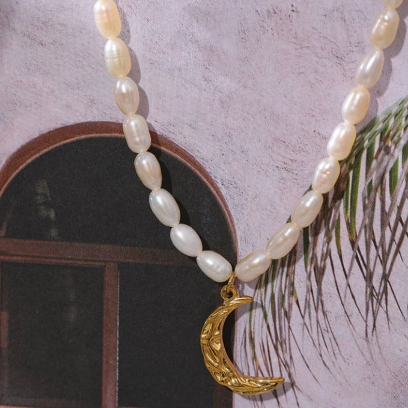 Crescent Moon Charm Pearl Necklace
