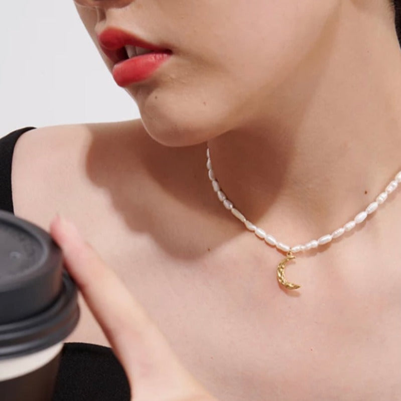 Crescent Moon Charm Pearl Necklace