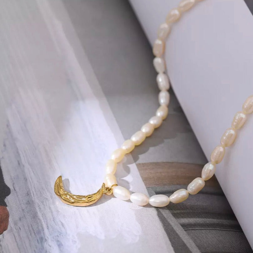 Crescent Moon Charm Pearl Necklace