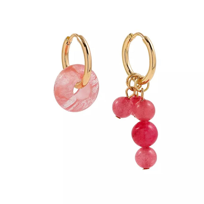 Asymmetric Pink Glass Bead Charm Huggie Earrings