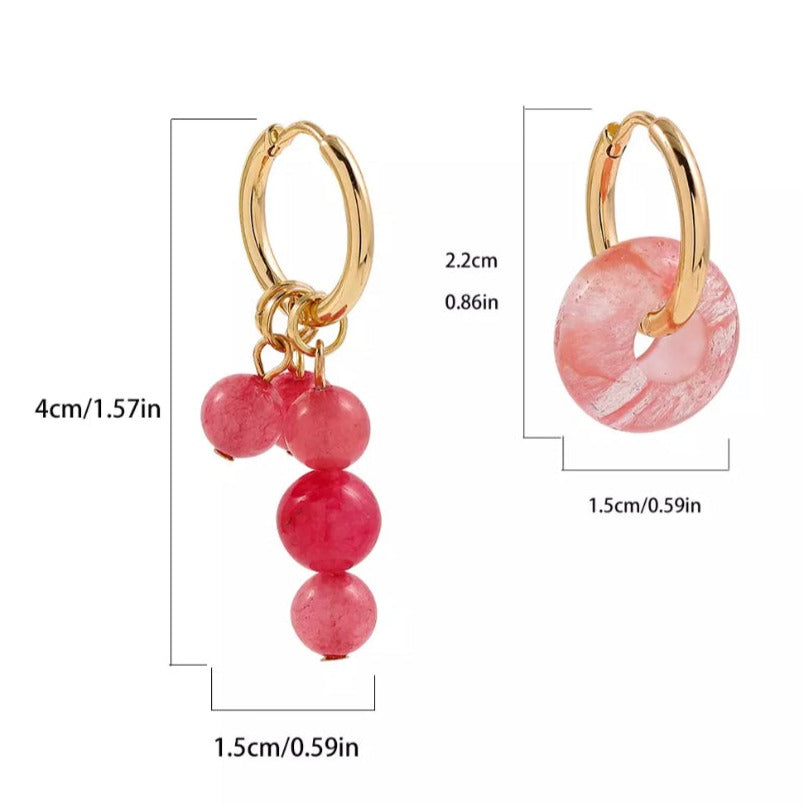 Asymmetric Pink Glass Bead Charm Huggie Earrings