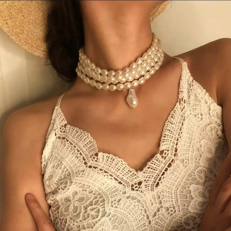 Vintage Style Multi-Layer White Beaded Choker Necklace