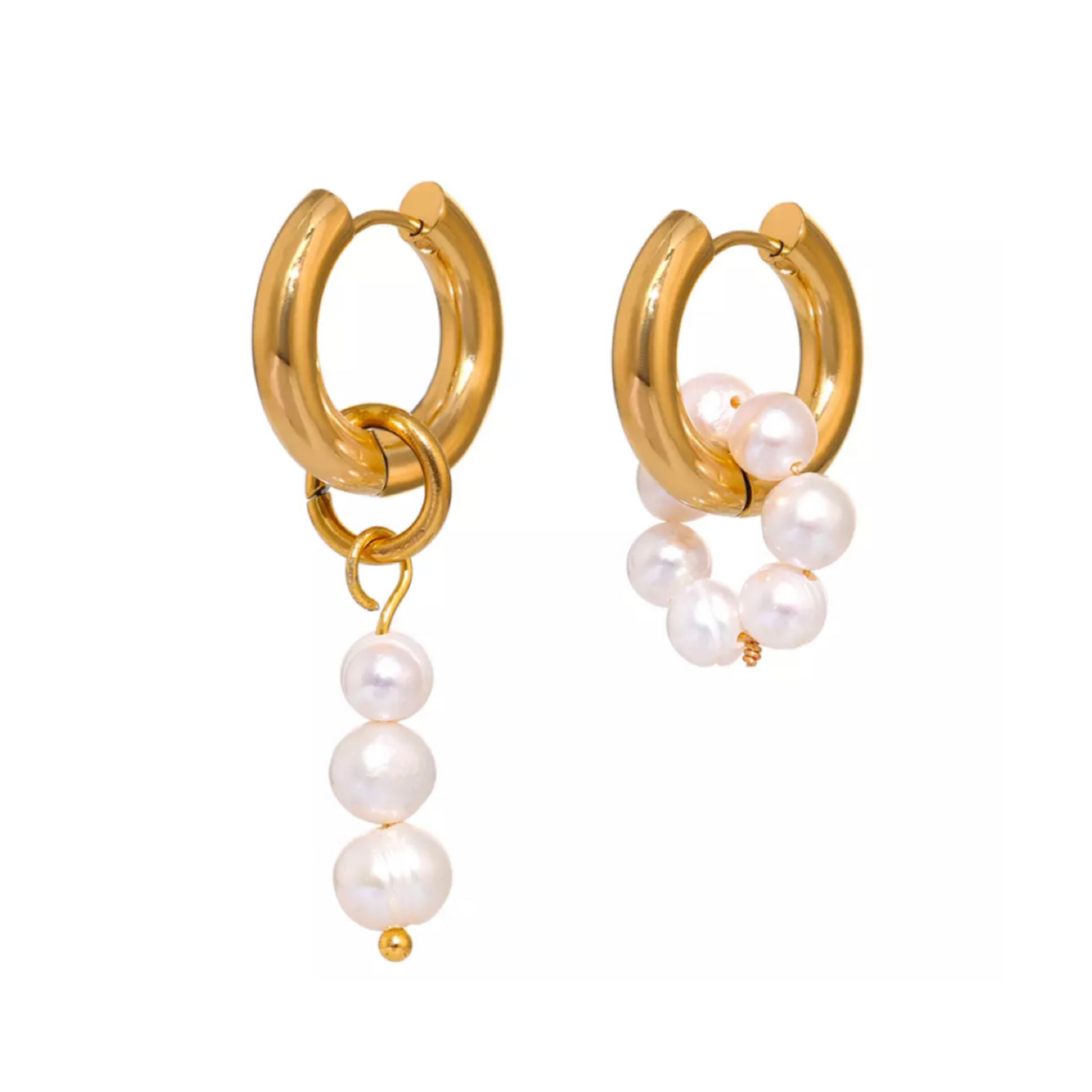 Mismatched Small Huggie Earrings With Pearl Charm