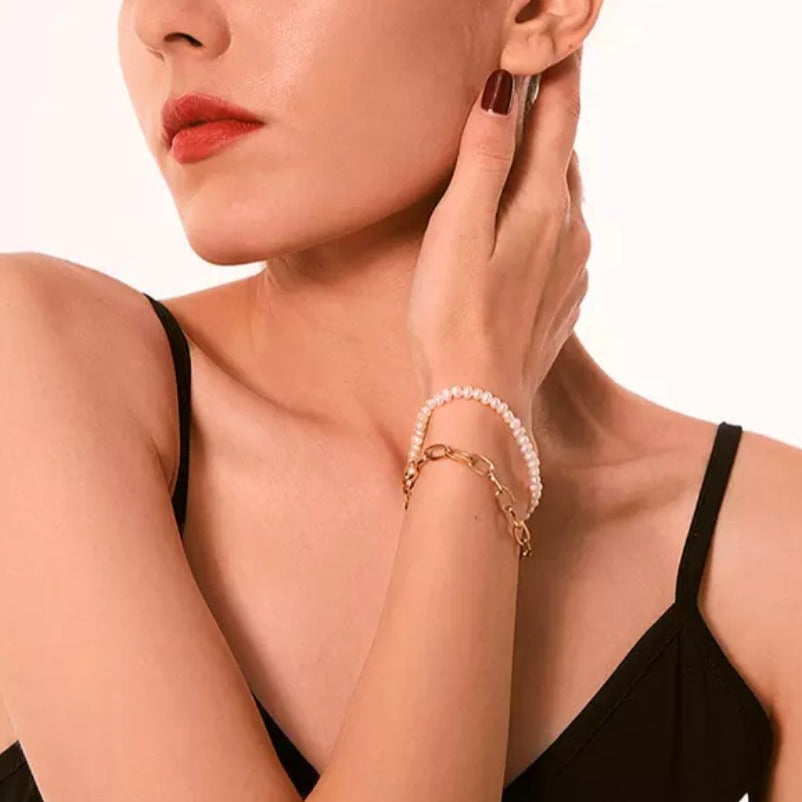 Double-Stranded Pearl and Chain Bracelet