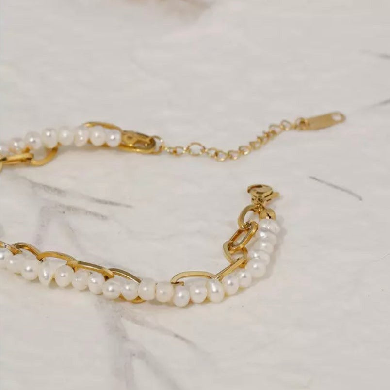 Double-Stranded Pearl and Chain Bracelet