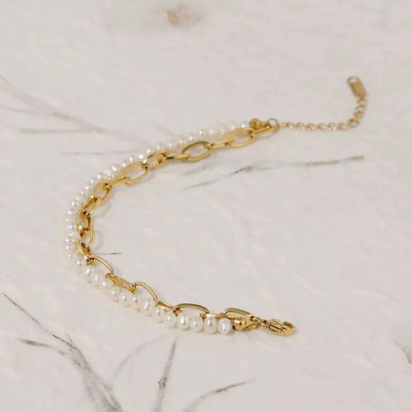 Double-Stranded Pearl and Chain Bracelet