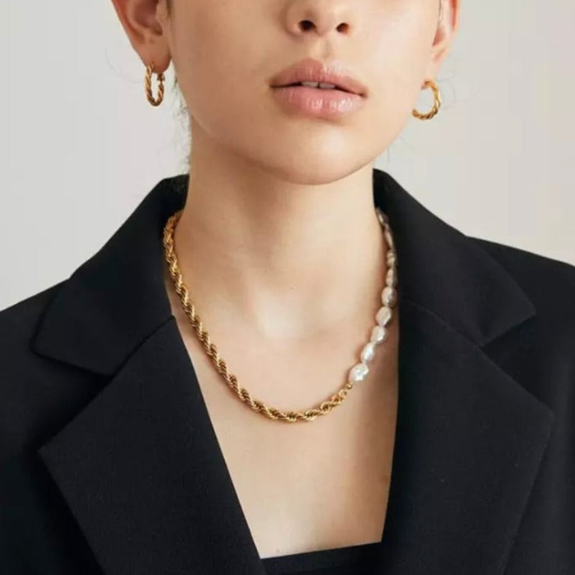 Half Pearl and Half Chain Gold-Plated Necklace