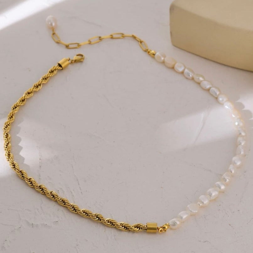 Half Pearl and Half Chain Gold-Plated Necklace
