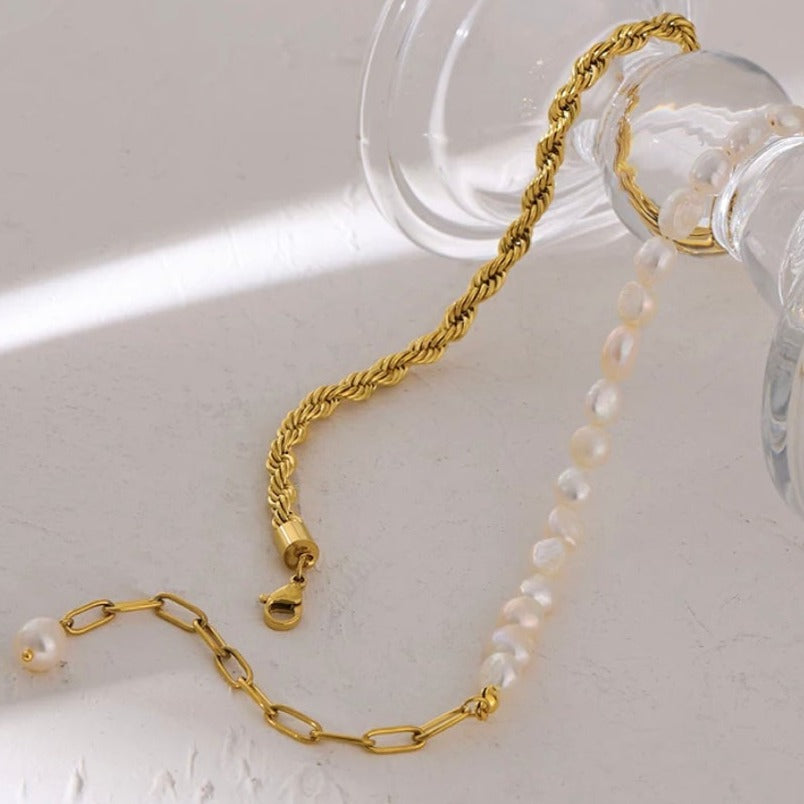 Half Pearl and Half Chain Gold-Plated Necklace