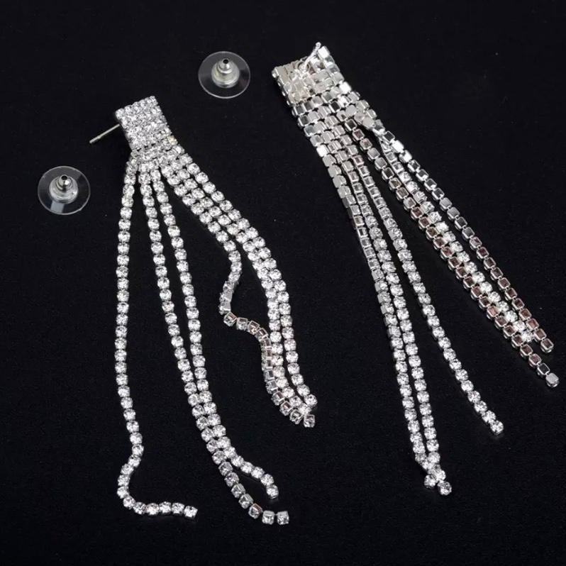 CZ Rhinestone Long Tassel Luxe Statement Earrings