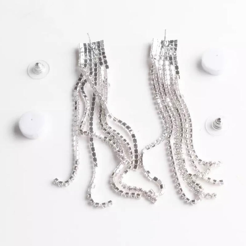 CZ Rhinestone Long Tassel Luxe Statement Earrings