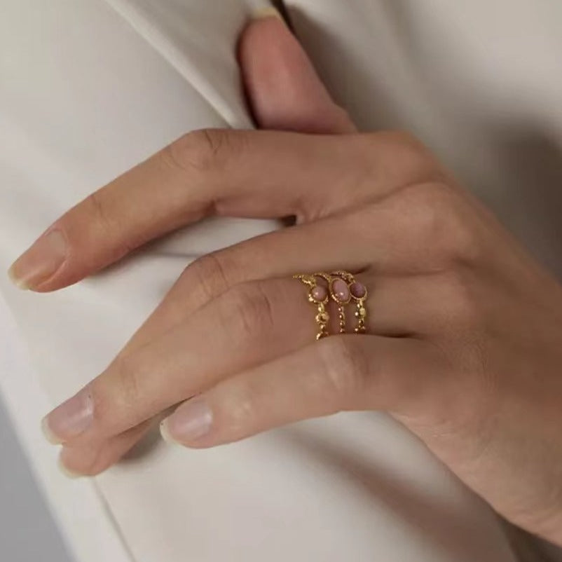 Gold Plated Three-row Pink Stone Ring