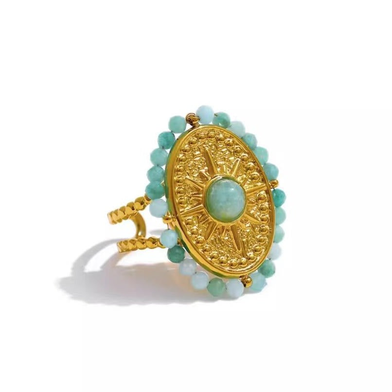 Vintage Vibe Gold Plated Green Bead Charm Ring