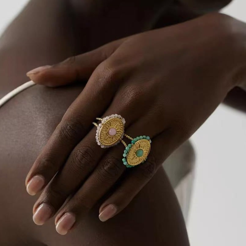 Vintage Vibe Gold Plated Green Bead Charm Ring