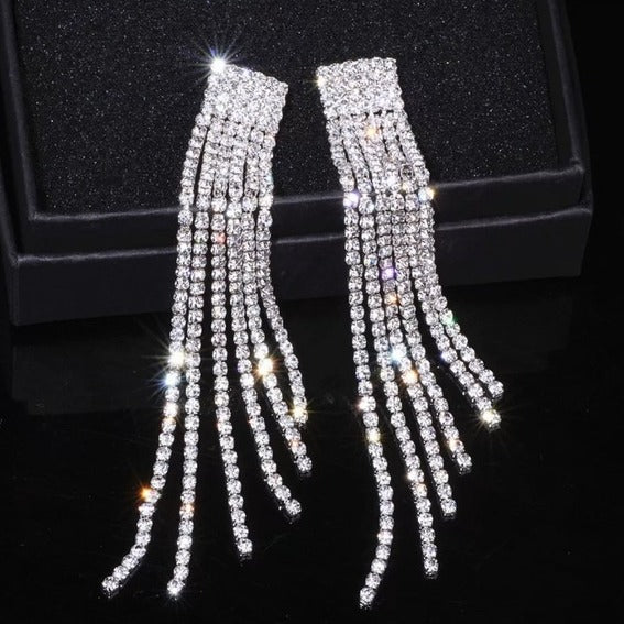 CZ Rhinestone Long Tassel Luxe Statement Earrings