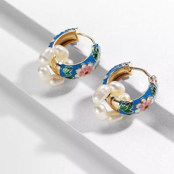 Vintage Style Enamel Flower Huggie Earrings