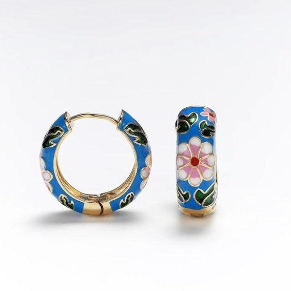 Vintage Style Enamel Flower Huggie Hoop Earrings