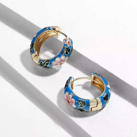 Vintage Style Enamel Flower Huggie Hoop Earrings