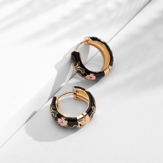 Vintage Style Enamel Flower Huggie Hoop Earrings
