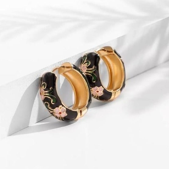 Vintage Style Enamel Flower Huggie Hoop Earrings