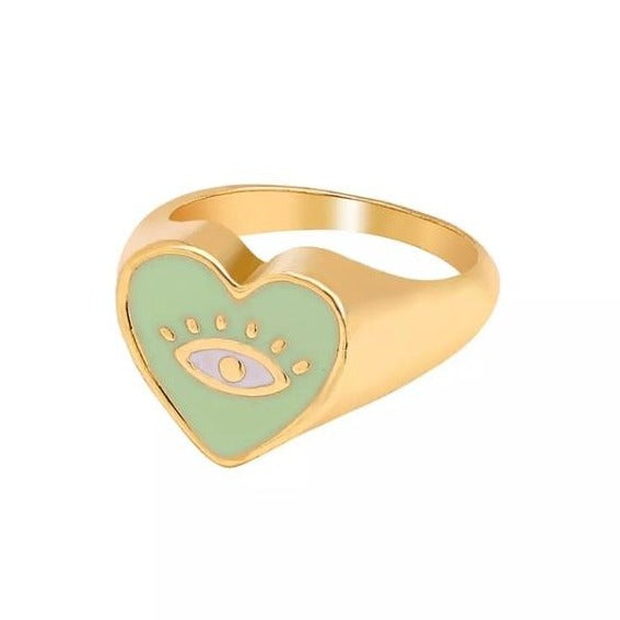 Y2K style Green Heart Eye Pattern Statement Ring