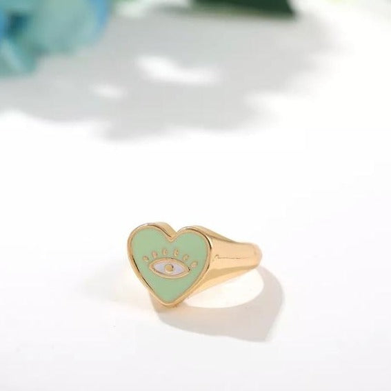 Y2K style Green Heart Eye Pattern Statement Ring