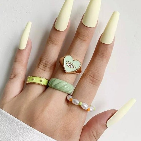 Y2K style Green Heart Eye Pattern Statement Ring