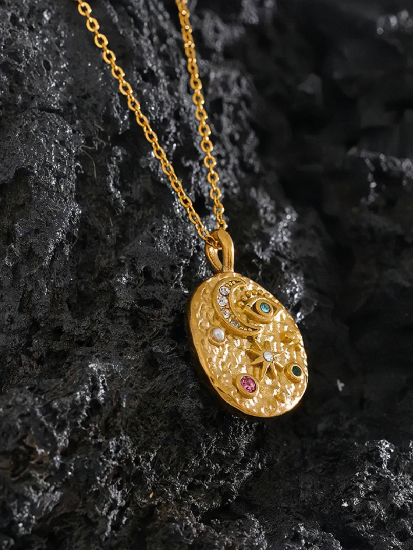Stella Crystal Inlaid Gold Coin Pendant Necklace