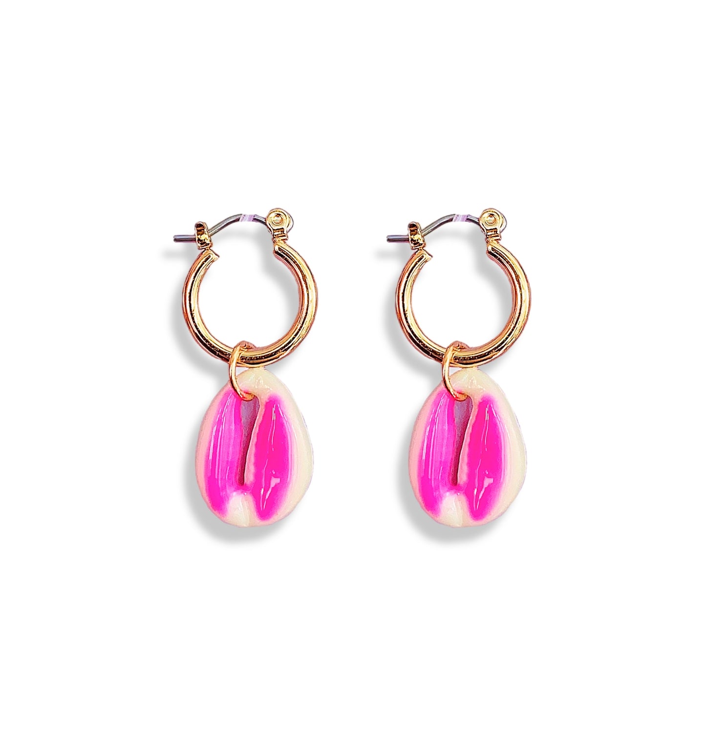 Small Huggie Earrings with Pink Shell Charm