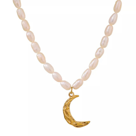Crescent Moon Charm Pearl Necklace