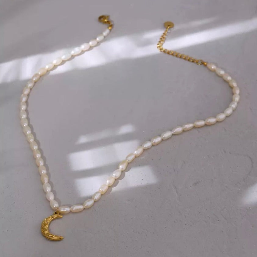 Crescent Moon Charm Pearl Necklace