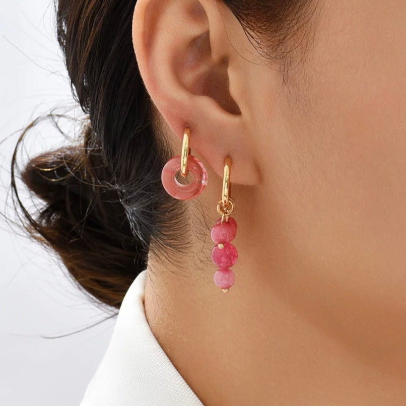 Asymmetric Pink Glass Bead Charm Huggie Earrings
