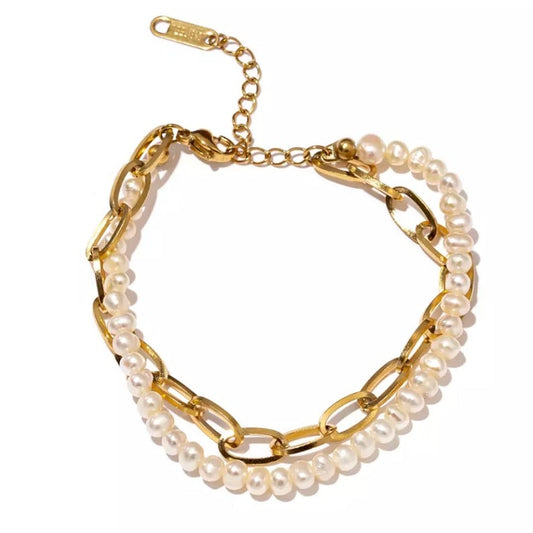 Double-Stranded Pearl and Chain Bracelet