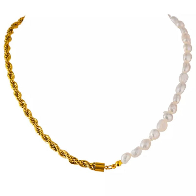 Half Pearl and Half Chain Gold-Plated Necklace