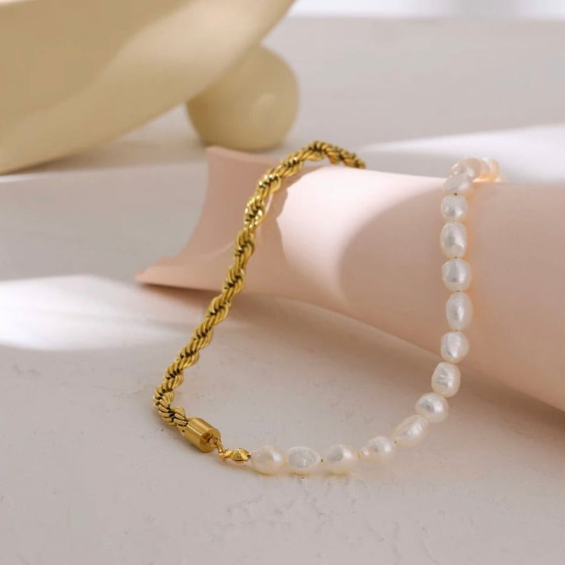 Half Freshwater Pearl Half Rope Twist Gold Chain Necklace | WAAMII