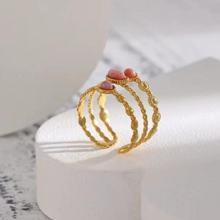 Gold Plated Three-row Pink Stone Ring