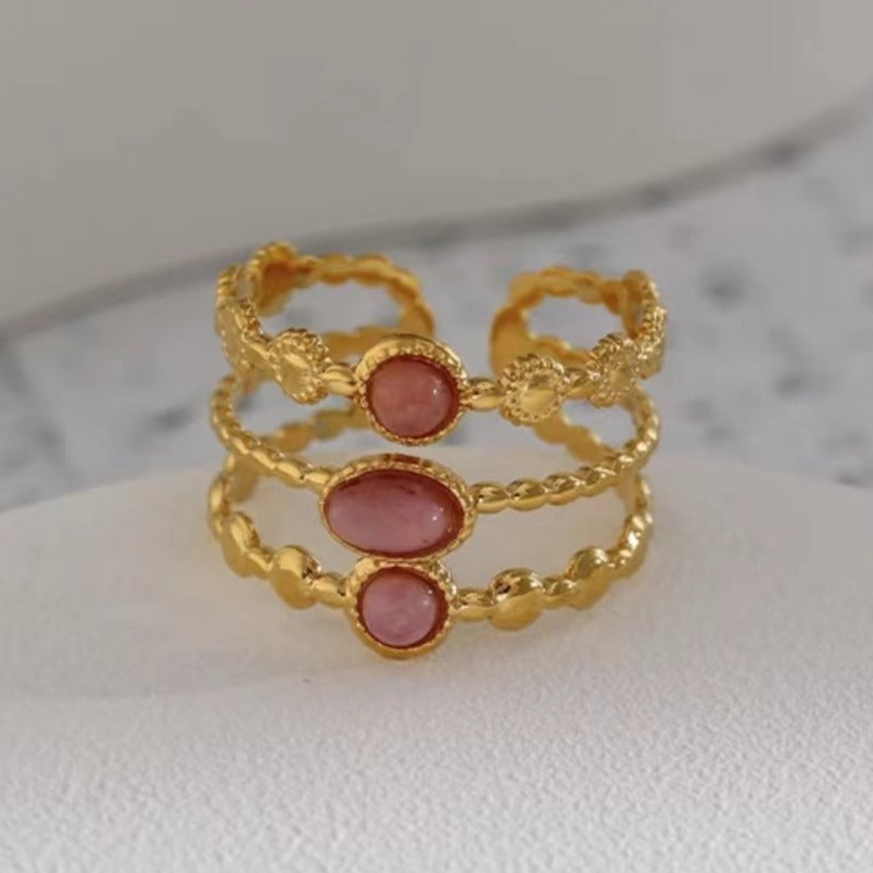 Gold Plated Three-row Pink Stone Ring