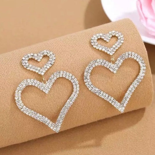 CZ Rhinestone Double Heart Love Earrings