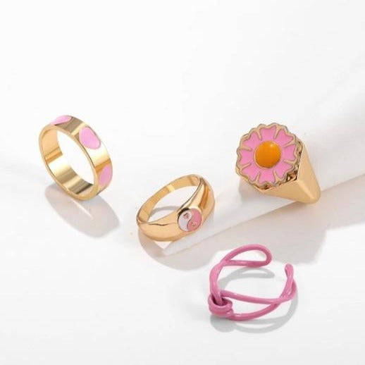 Y2K Style Cute Pink Ring Set - 4 pieces